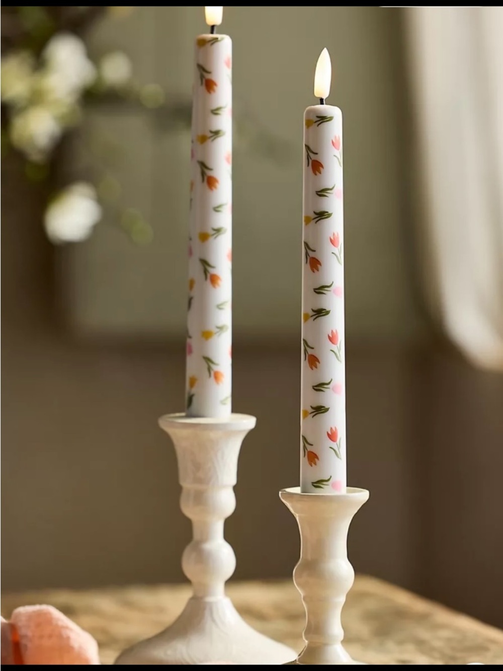 Anthropologie Flamesless Floral Taper Candles - Orange Tulip Pattern